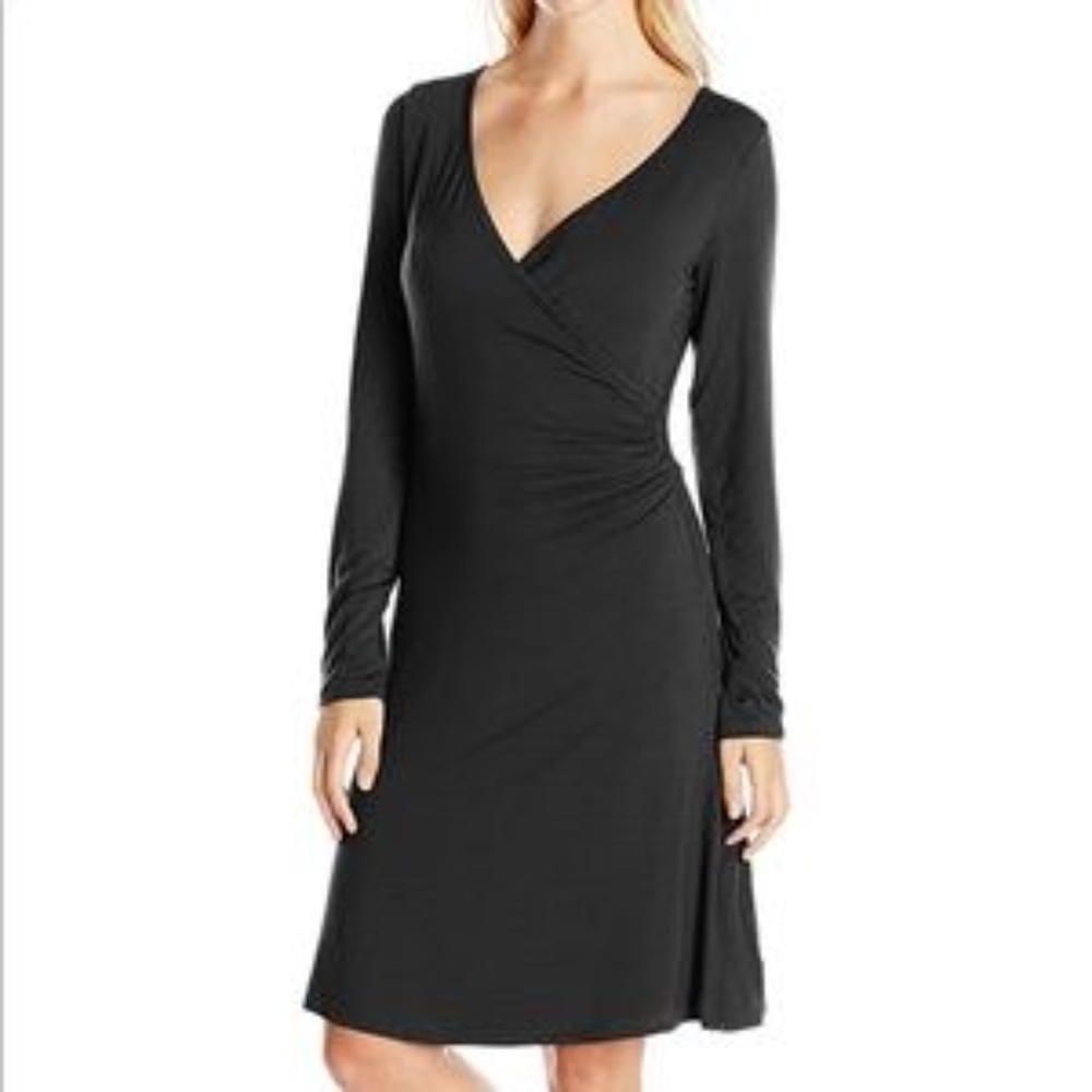 Prana Nadia Caual Dress Black Long Sleeve Faux Wrap V-Neck Comfy Size Small